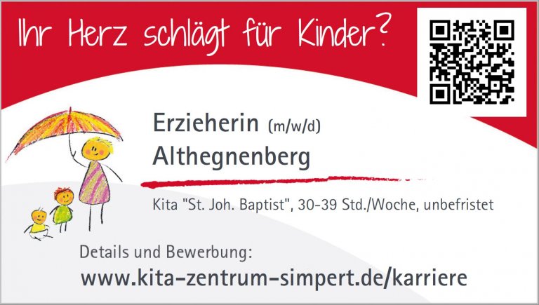 Stellenangebot - Erzieherin (m/w/d) für KITA St. Johannes Baptist in Althegnenberg